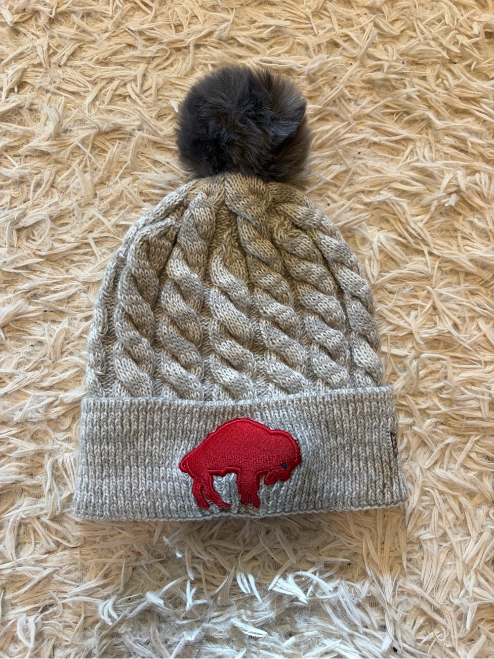 Kids Cable Knit Pom Beanie with Red Buffalo Patch - Gray